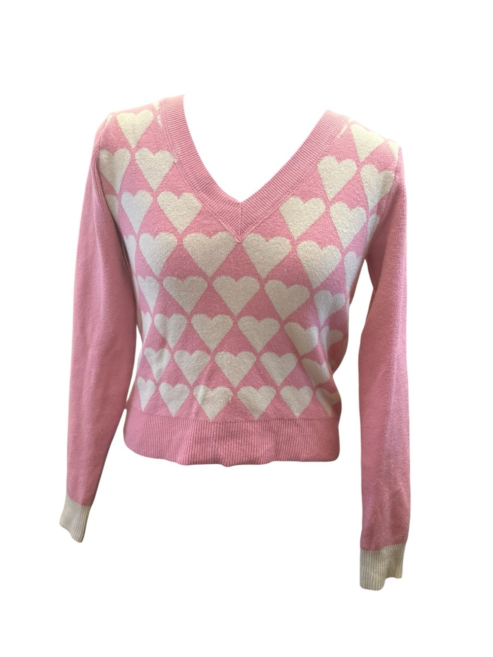 Pink Heart V Neck Sweater Small Coquette Y2K Valentine Knit Top
